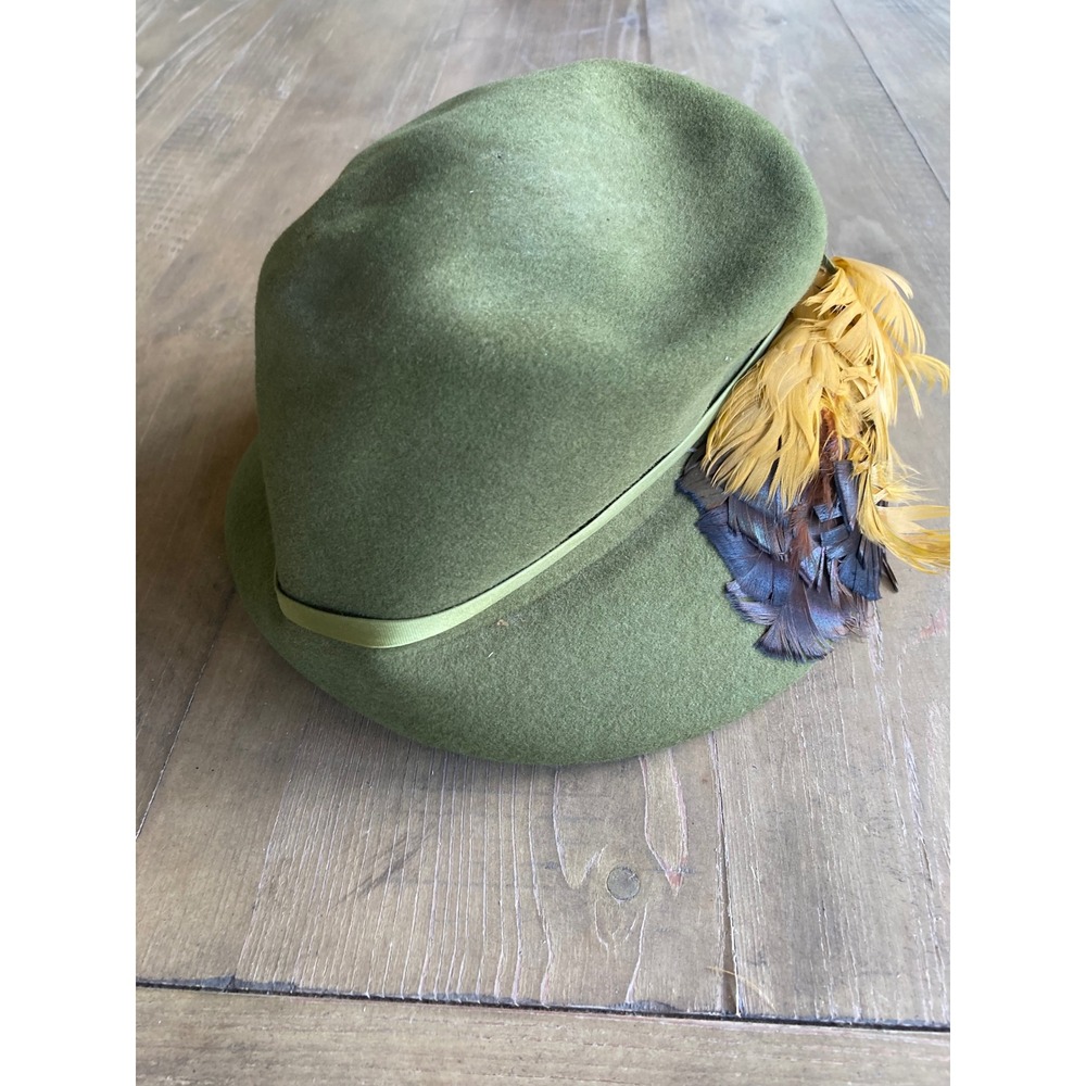 Vintage Glenover Henry Pollak Olive Green Wool Felt Feather‎ Hat Bow Cloche 50s